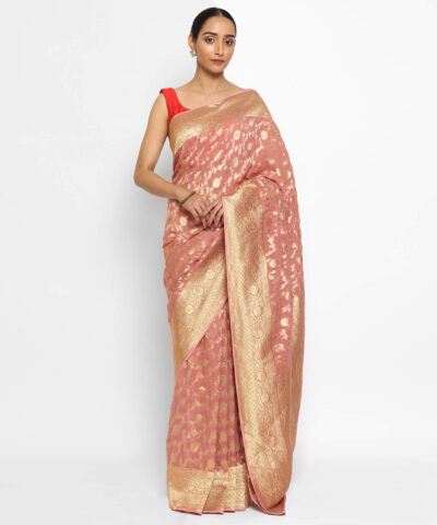 Peach Banarasi Silk Saree in Georgette adorned with Gold Zari Motifs