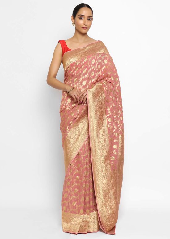 Peach Banarasi Silk Saree in Georgette adorned with Gold Zari Motifs