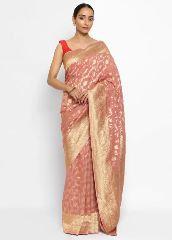 Peach Banarasi Silk Saree in Georgette adorned with Gold Zari Motifs