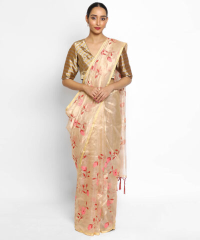 Gold Pure Tissue Silk Saree with Floral Embroidery