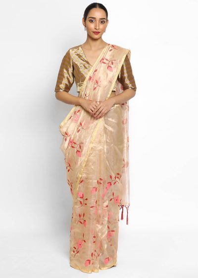 Gold Pure Tissue Silk Saree with Floral Embroidery
