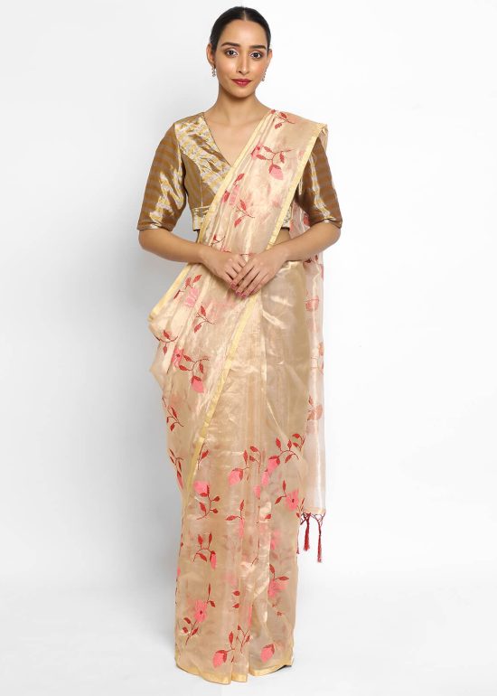 Gold Pure Tissue Silk Saree with Floral Embroidery