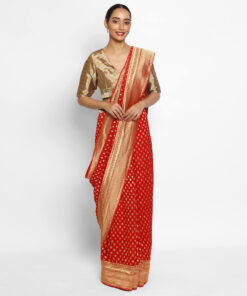 Red Banarasi Silk Saree In Georgette with Gold Zari Motifs