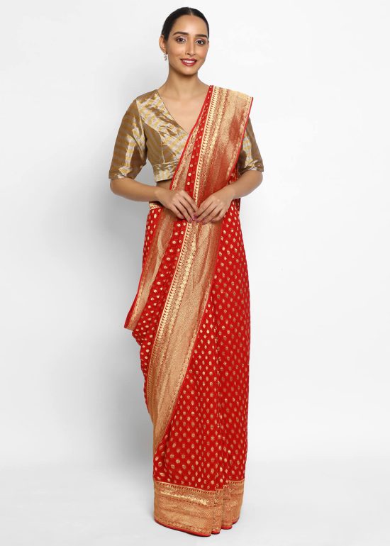 Red Banarasi Silk Saree In Georgette with Gold Zari Motifs