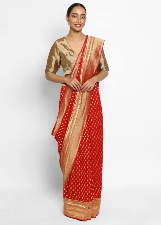 Red Banarasi Silk Saree In Georgette with Gold Zari Motifs