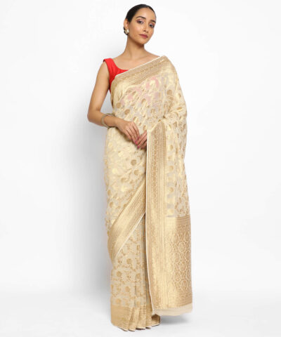 Ivory Banarasi Silk Saree in Georgette adorned with Gold Zari Motifs