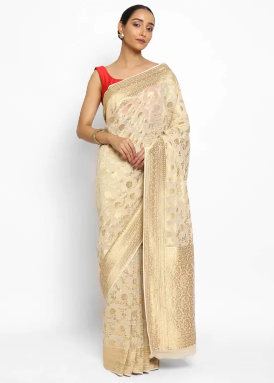 Ivory Banarasi Silk Saree in Georgette adorned with Gold Zari Motifs