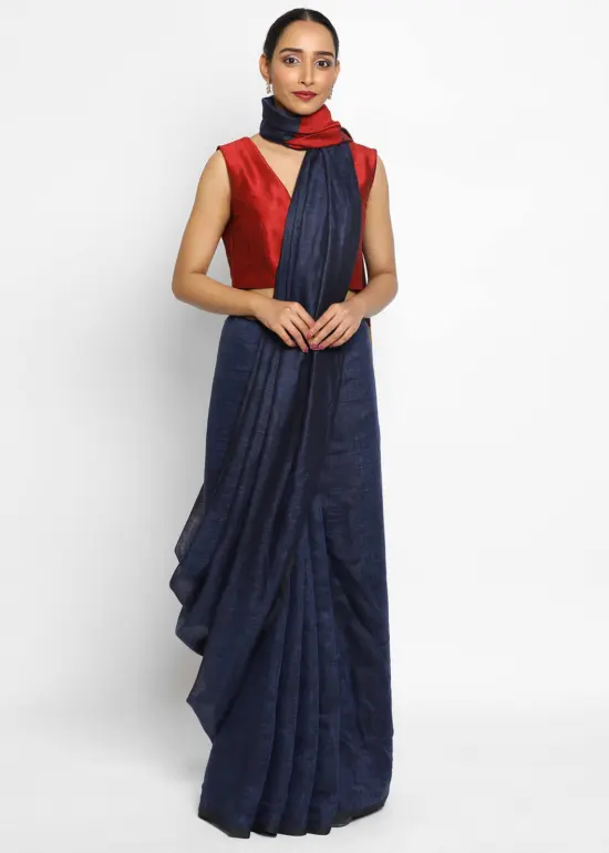Navyblue Handwoven Pure Linen Saree