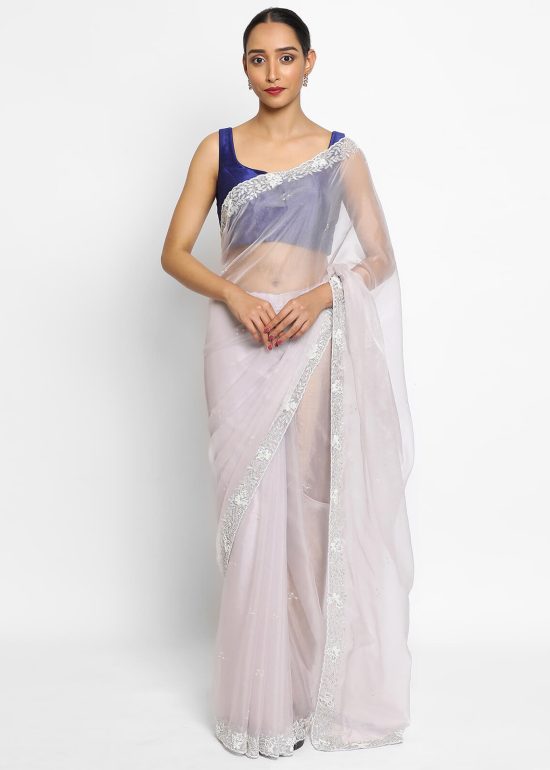Lilac Embroidered Pure Organza Silk Saree
