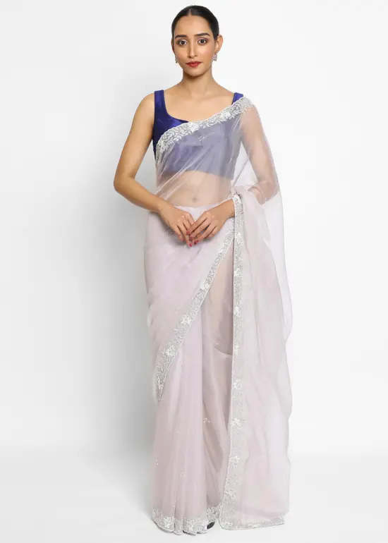 Lilac Embroidered Pure Organza Silk Saree