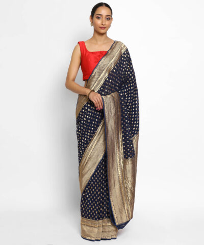 Navy Blue Banarasi Silk Saree In Georgette with Gold Zari Motifs