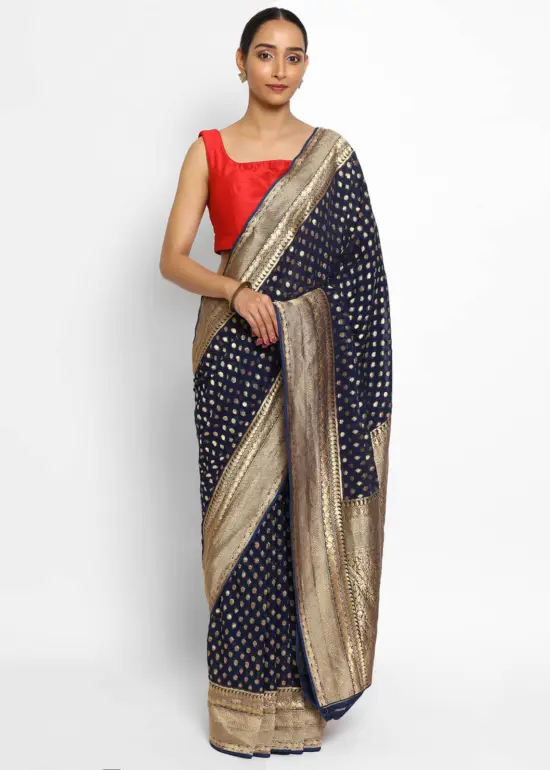 Navy Blue Banarasi Silk Saree In Georgette with Gold Zari Motifs