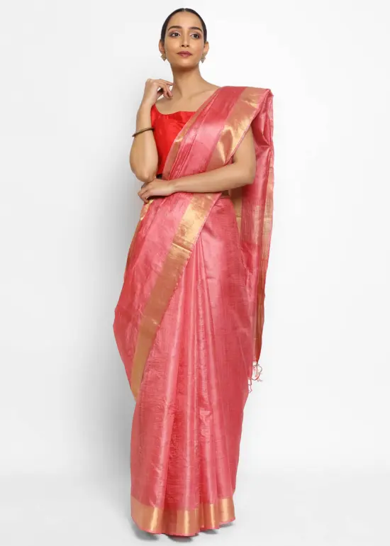 Pure Peachy Pink Tussar Silk Saree