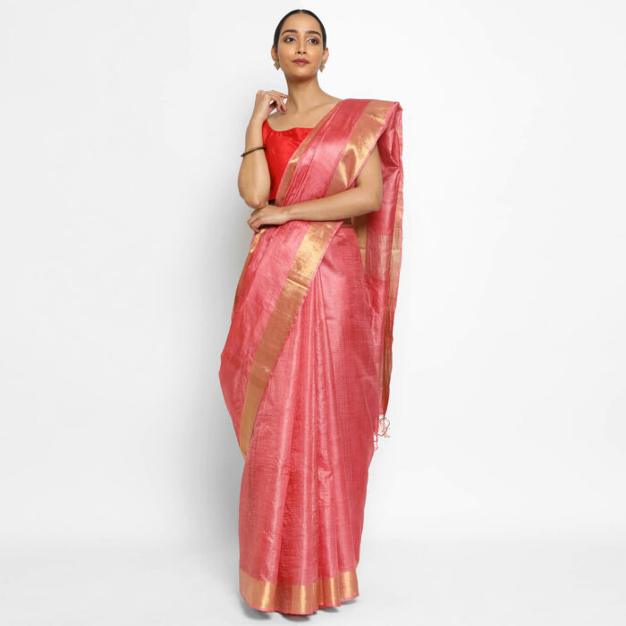 Pure Peachy Pink Tussar Silk Saree