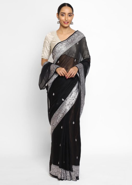 Black Banarasi Silk Saree in Pure Khaddi Chiffon