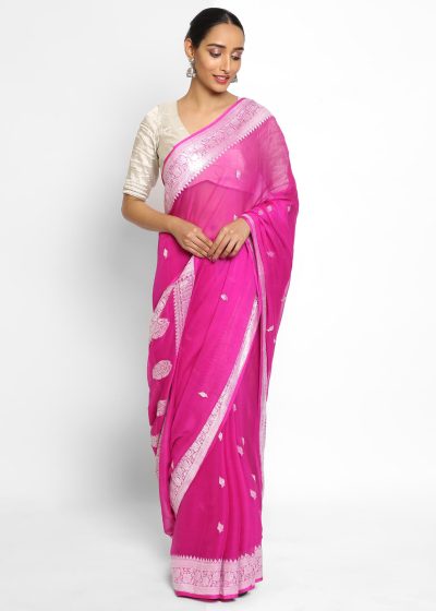 Rani Pink Banarasi Silk Saree in Pure Khaddi Chiffon