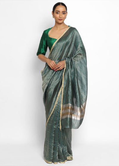 Amber Green Chiniya Silk Saree with Resham Zari Weaves