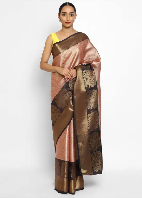 Powder Pink Kora Silk Saree with Gold Zari Weaves