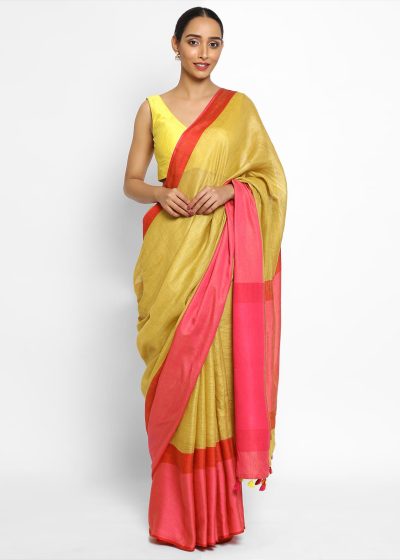 Handwoven Pure yellow Linen Saree