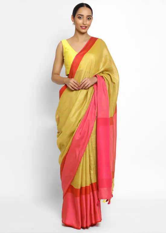 Handwoven Pure yellow Linen Saree