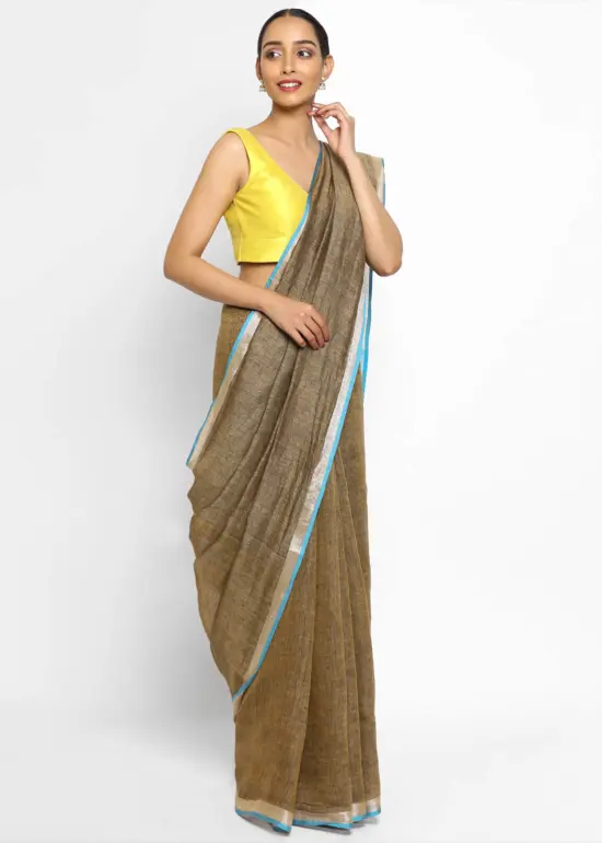 Handwoven Pure Light Brown Linen Saree