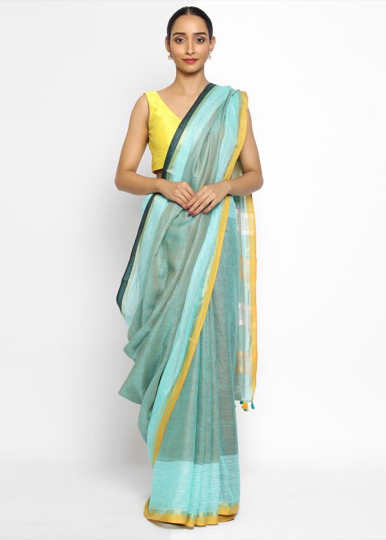 Pastel Blue Handwoven Pure Linen Saree