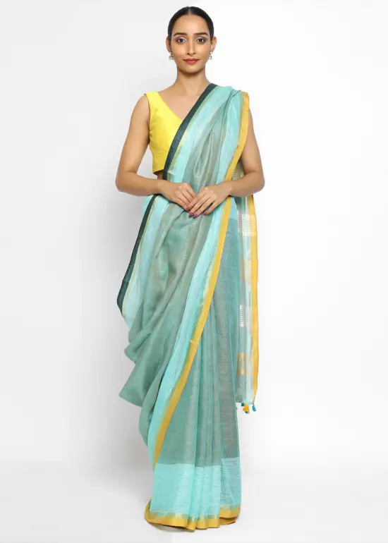 Pastel Blue Handwoven Pure Linen Saree