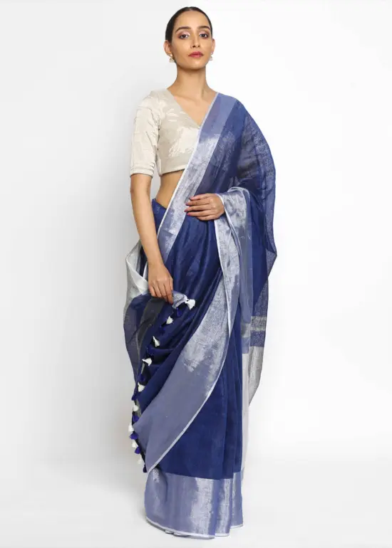Handwoven Pure Blue Linen Saree