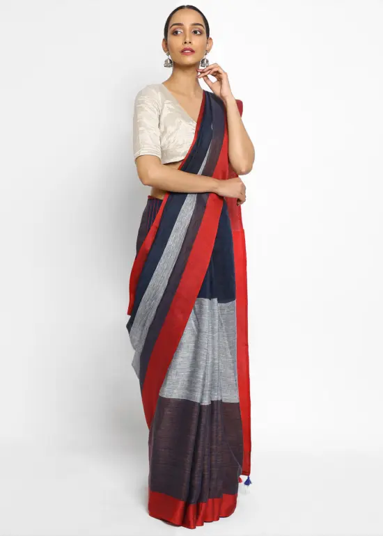 Handwoven Pure Black Linen Saree