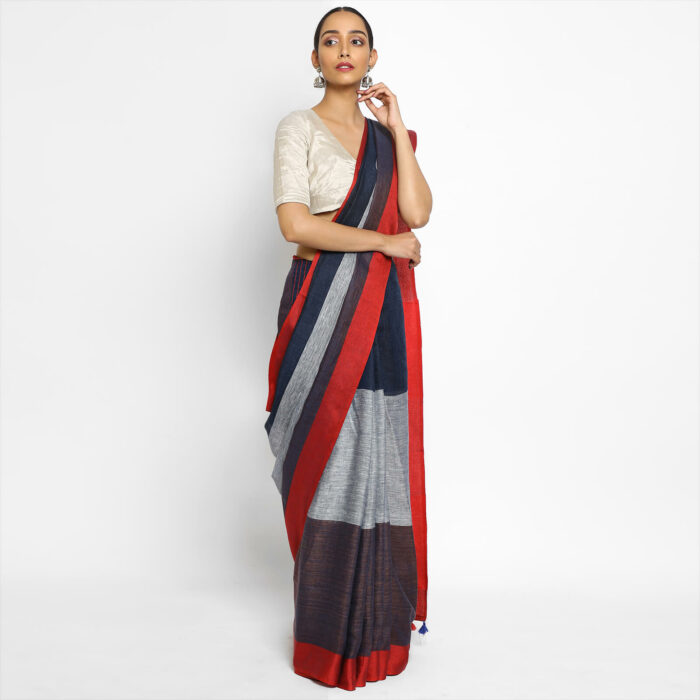 Handwoven Pure Black Linen Saree