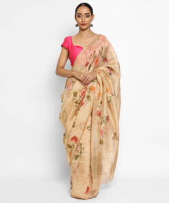 Peach Chiniya Silk Saree with Printed Florals