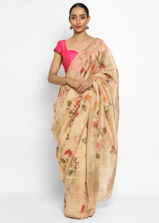 Peach Chiniya Silk Saree with Printed Florals
