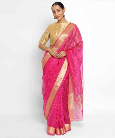 Rani Pink Organza Silk Saree with Bandhani Prints