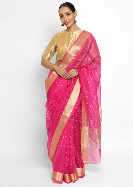 Rani Pink Organza Silk Saree with Bandhani Prints