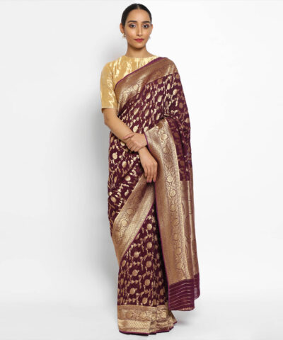 Purple Banarasi Silk Saree in Georgette adorned with Gold Zari Weaves