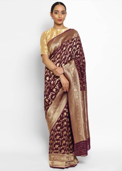 Purple Banarasi Silk Saree in Georgette adorned with Gold Zari Weaves