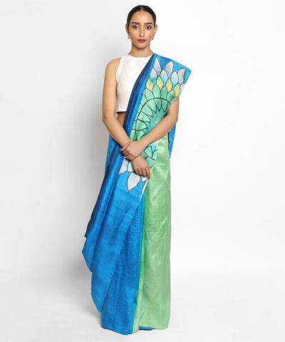 Blue Pure Silk Saree with Hand Painted Florals