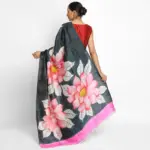 Black Pure Silk Saree with Hand Painted Florals - Image 3