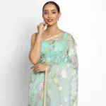 Baby Blue Organza Silk Saree with Beautiful Floral Embroidery - Image 2