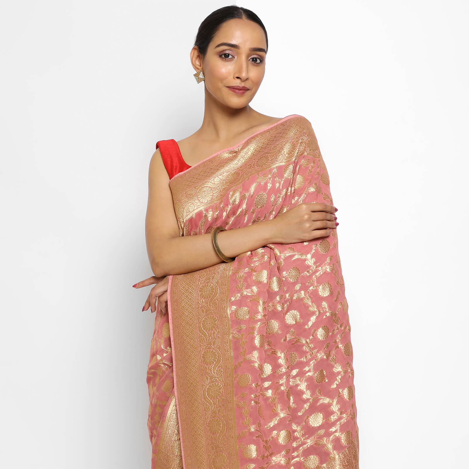 Coral Peach Banarasi Saree - Urban Womania