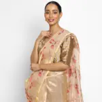 Gold Pure Tissue Silk Saree with Floral Embroidery - Image 3