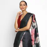 Black Pure Silk Saree with Hand Painted Florals - Image 2