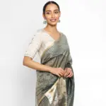 Amber Green Organza Silk Saree with Resham Gold Zari Weaves - Image 3