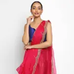Hot Pink Embroidered Organza Silk Saree - Image 3