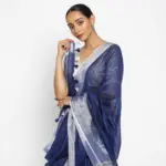 Blue Handwoven Pure Linen Saree - Image 2