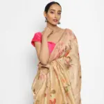 Peach Chiniya Silk Saree with Printed Florals - Image 2