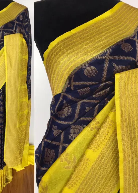 Navyblue Dupion Silk Saree with Gold Zari Weaves