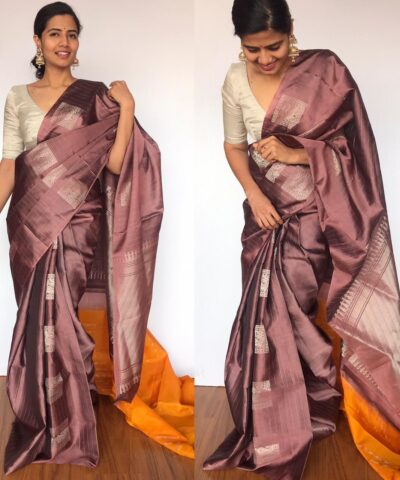Mauve Kanjivaram Silk Saree with Handwoven Silver Zari Buttas