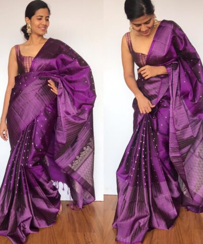 Purple Kanjivaram Silk Saree with Handwoven Silver Zari Weaves