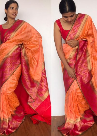 Peach Banarasi Silk Saree with Beautiful Meenakari Weaves